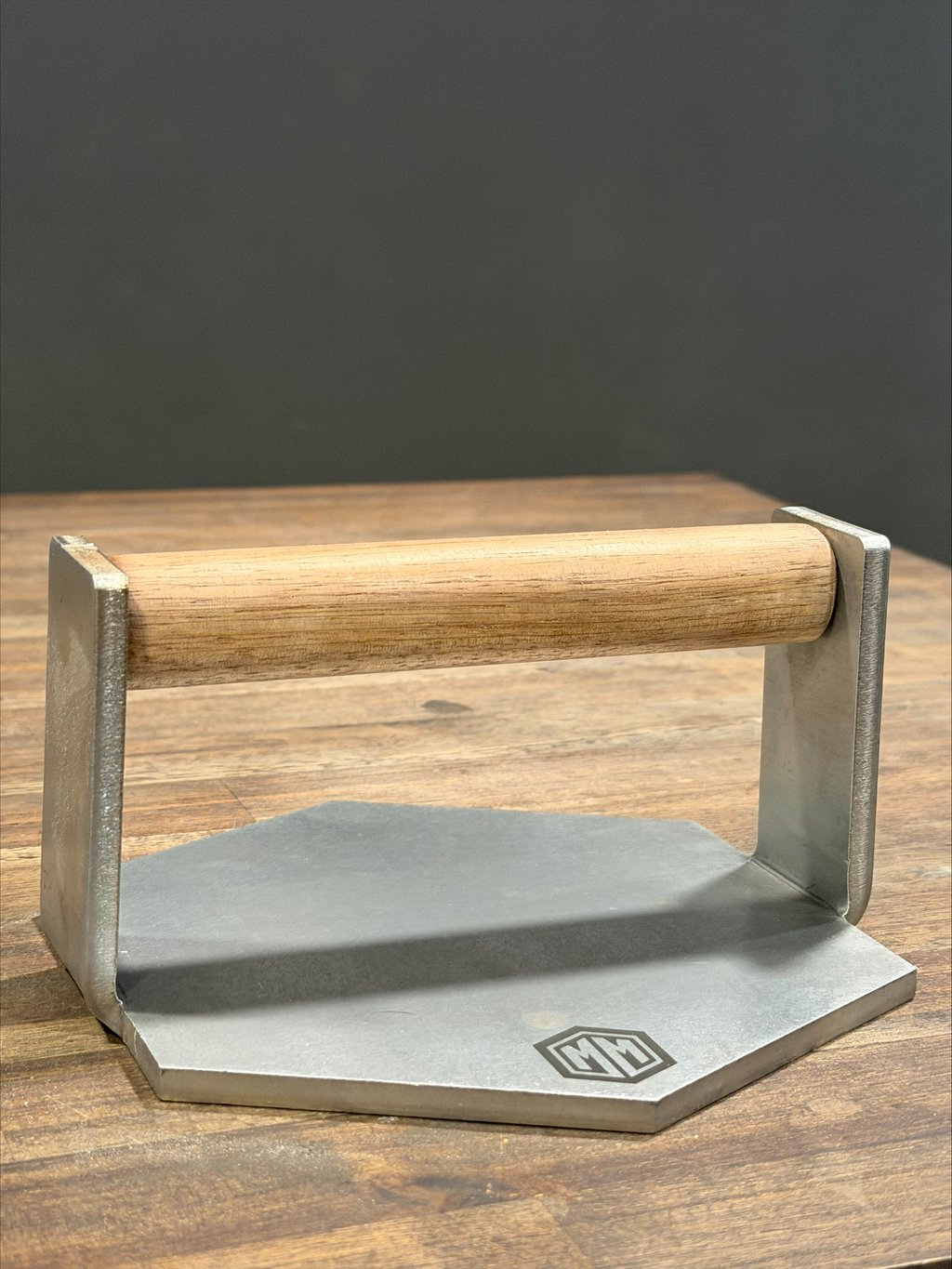 M&M Meat Masher burger press, side view