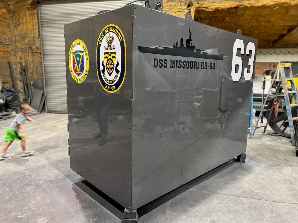 Gray MM1000 rotisserie smoker with USS Missouri BB-63 insignia