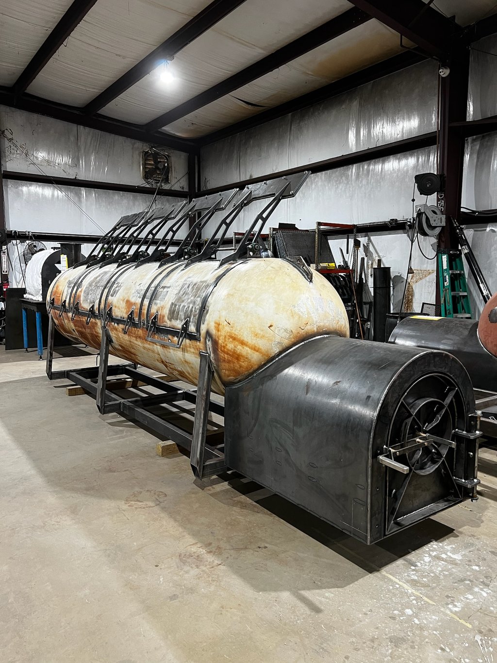 OS1000 offset smoker in raw steel on the shop floor