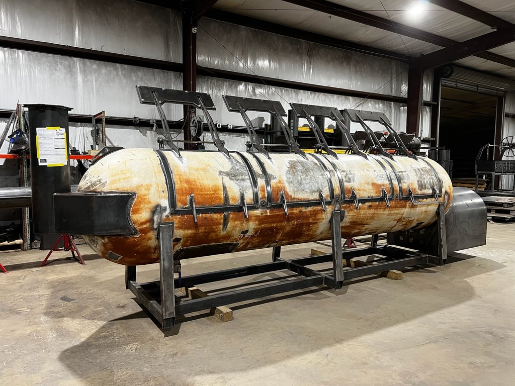 Raw steel OS1000 offset smoker, side view in the shop