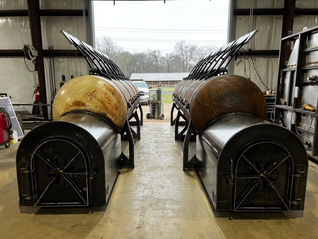 Two OS1000 offset smokers side by side in the M&M shop