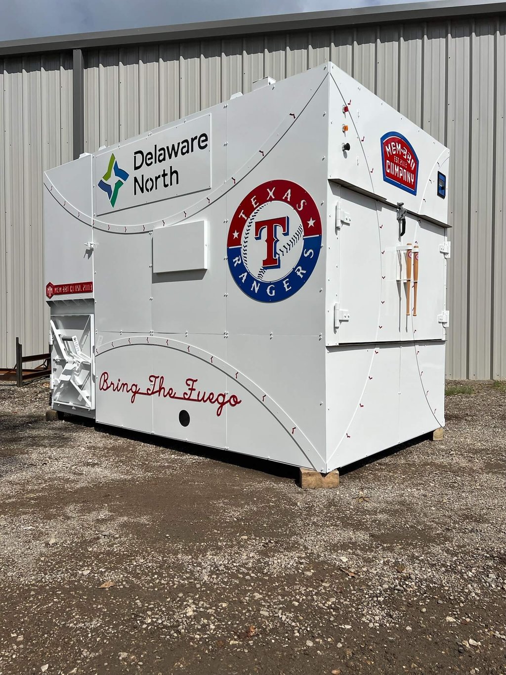 White rotisserie smoker with Texas Rangers and Delaware North branding