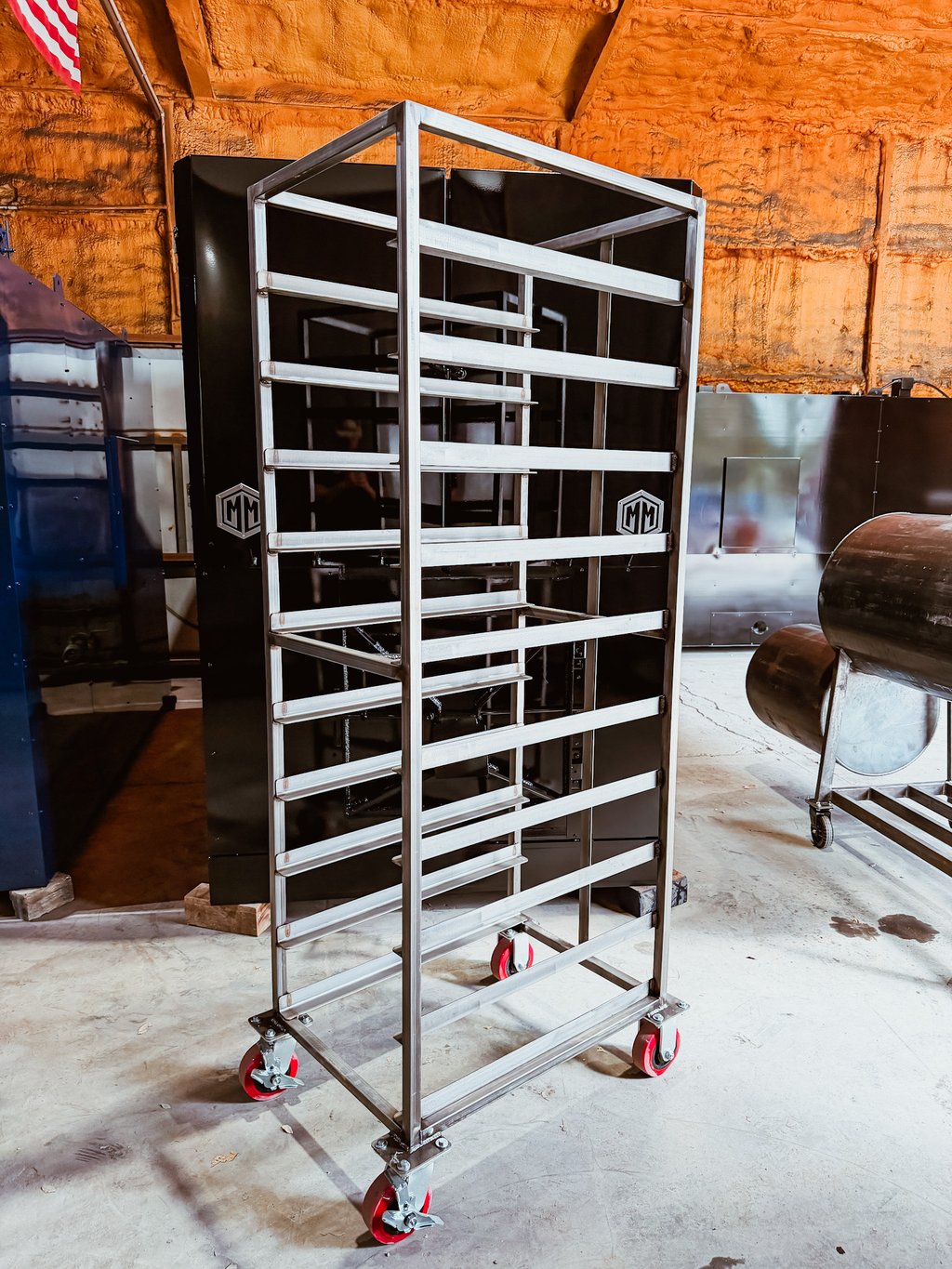 Stainless steel speed rack on casters, front view