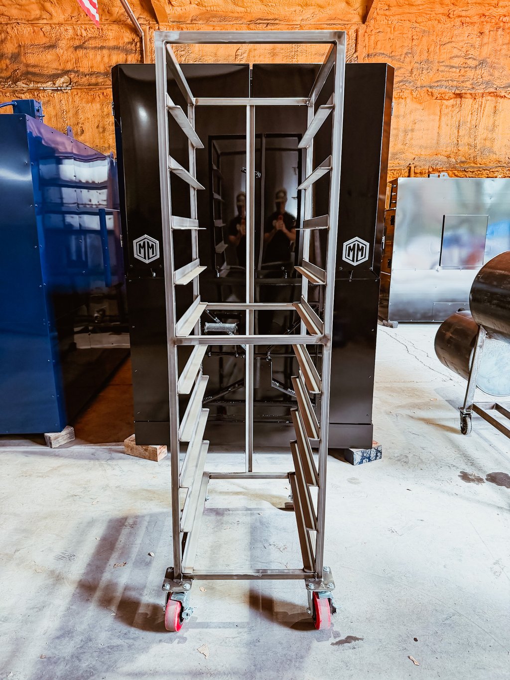 Stainless steel speed rack, side view showing the rack levels