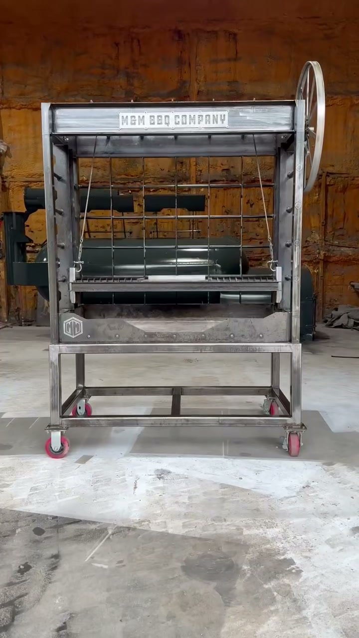 Vulcan live fire table with built-in Santa Maria grill on its rolling stand, front view